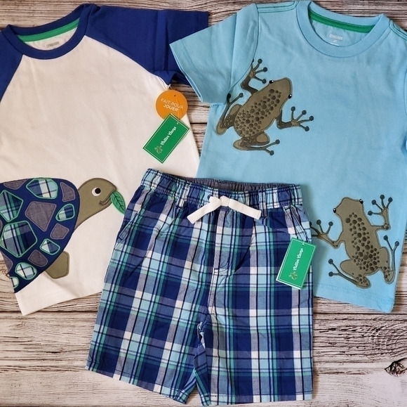 Gymboree Turtle and Frogs T-Shirts and Plaid Shorts Outfit NWT - Picture 1 of 8
